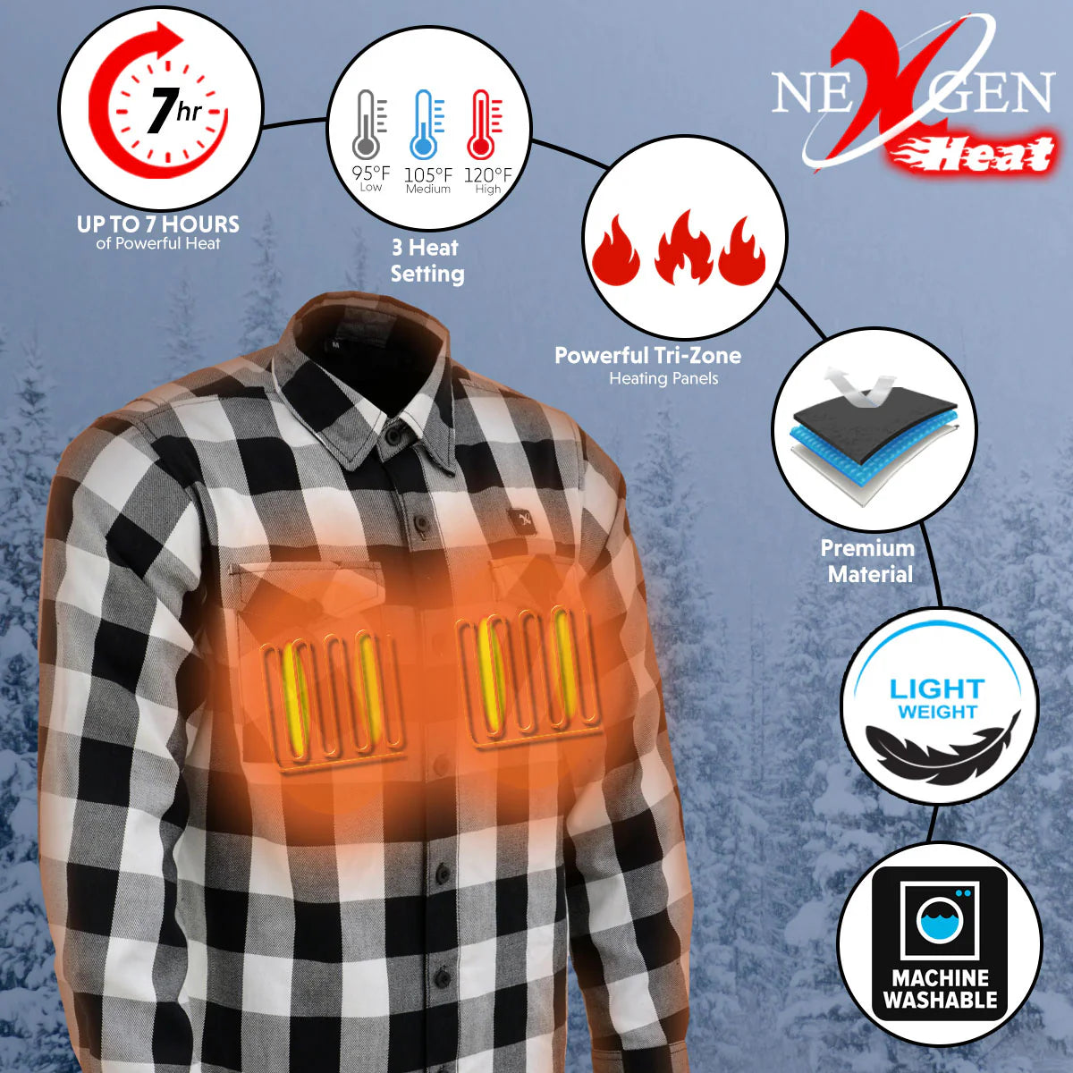 Nexgen Heat Men's Heated Flannel Sleeve Shirt Outdoor