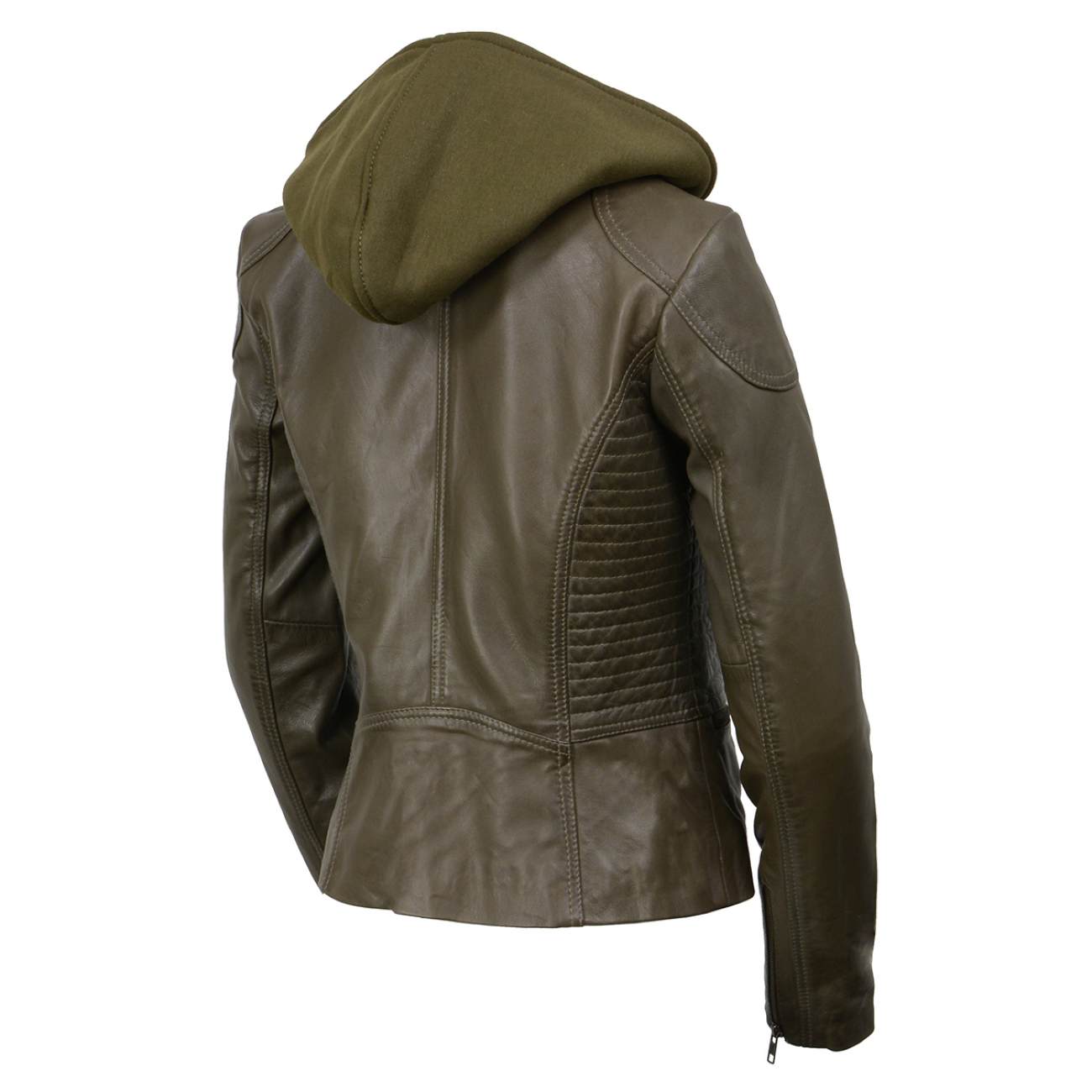 Women’s Olive Leather Motorcycle Jacket – Milwaukee Leather SFL2815 with Hoodie and Angled Zipper