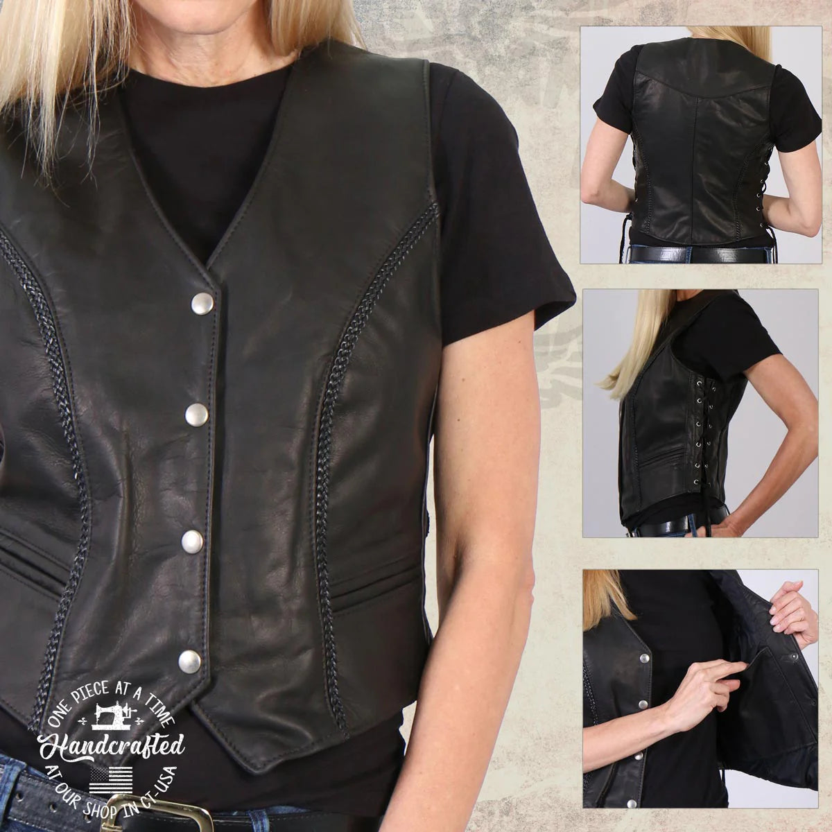 Women's Black 'Vivacious' Braided Motorcycle Leather Vest