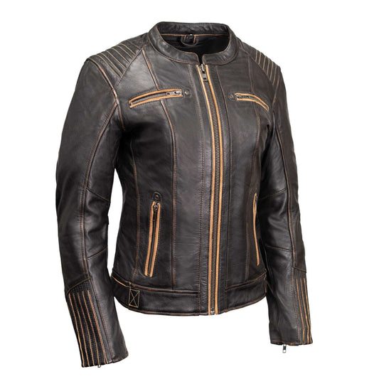 Women’s Rebel Scooter-Style Leather Jacket – Vintage Brown, Milwaukee Motorcycle Clothing Co.