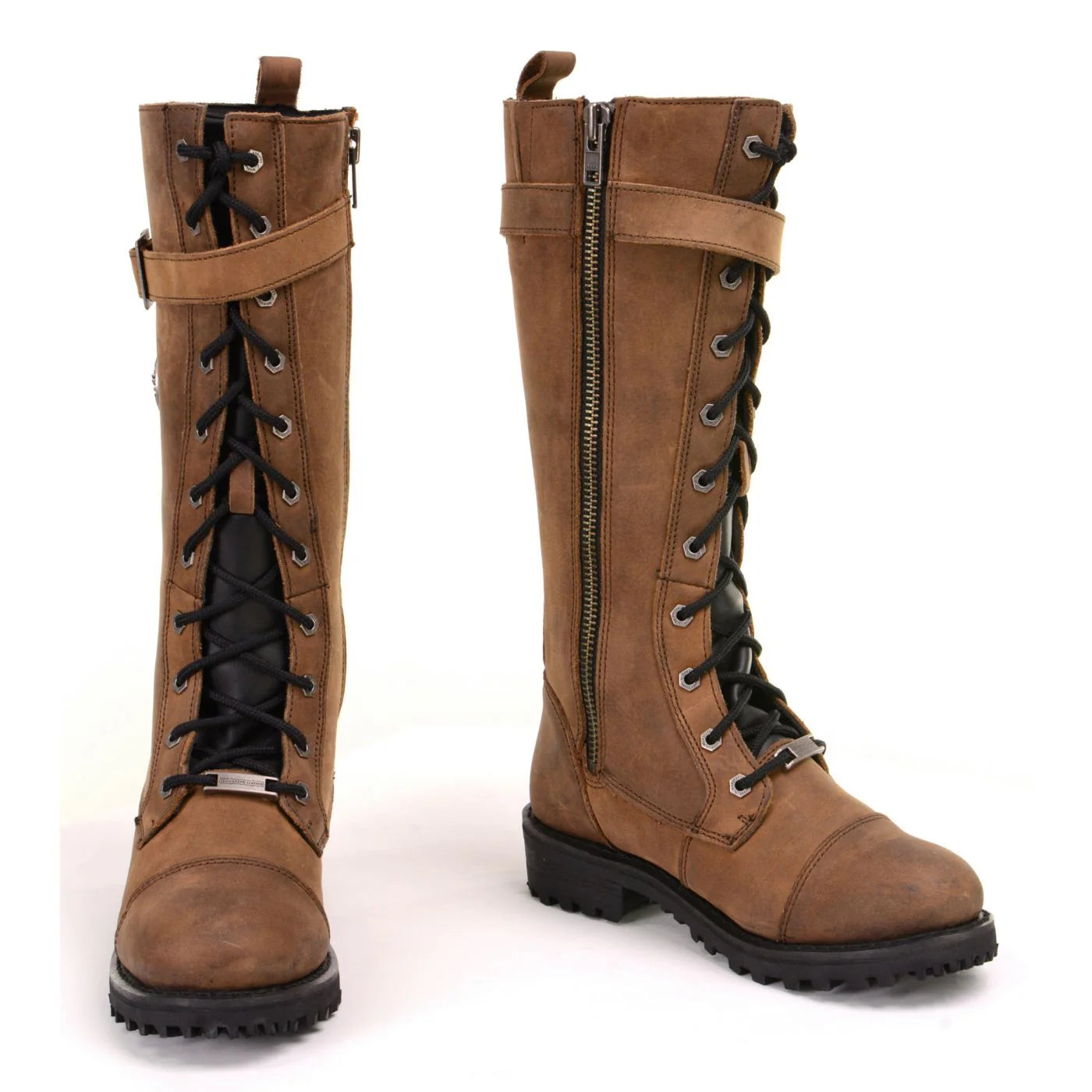 Women's Brown Leather 14” Tall Motorcycle Lace-Up High-Rise Boots