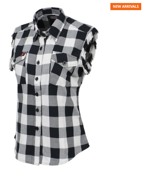 Women's Flannel Down Sleeveless Shirt w/ Button Black / White & Cut Off Frill Arm Hole