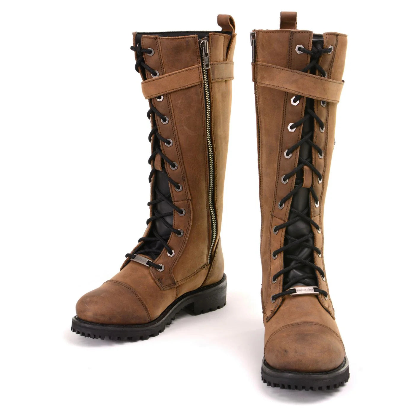 Women's Brown Leather 14” Tall Motorcycle Lace-Up High-Rise Boots