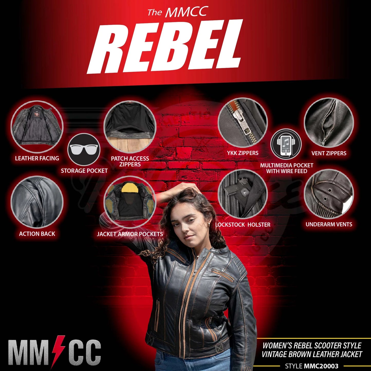 Women’s Rebel Scooter-Style Leather Jacket – Vintage Brown, Milwaukee Motorcycle Clothing Co.