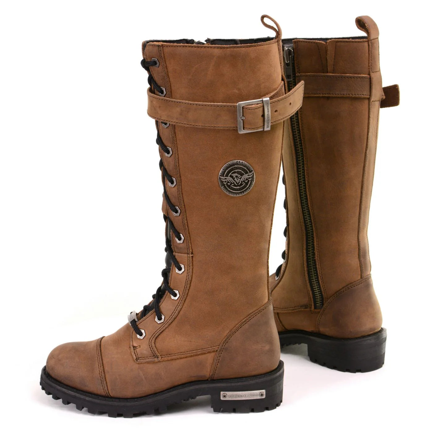 Women's Brown Leather 14” Tall Motorcycle Lace-Up High-Rise Boots