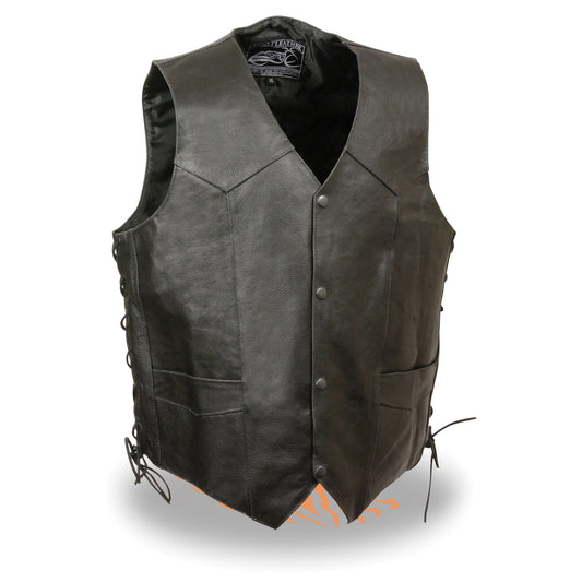 Men’s Side Lace Leather Vest w/ Skull & Wings