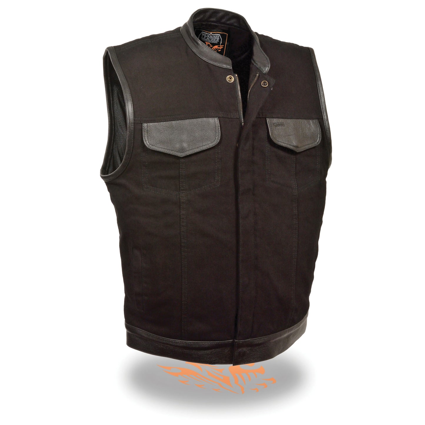 Men’s Denim Club Style Vest w/ Leather Trim & Hidden Zipper