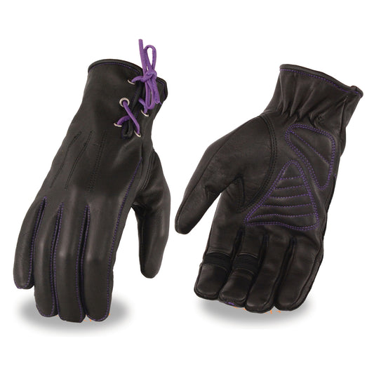 Women’s Leather Riding Glove w/ Gel Pam & Purple Lacing