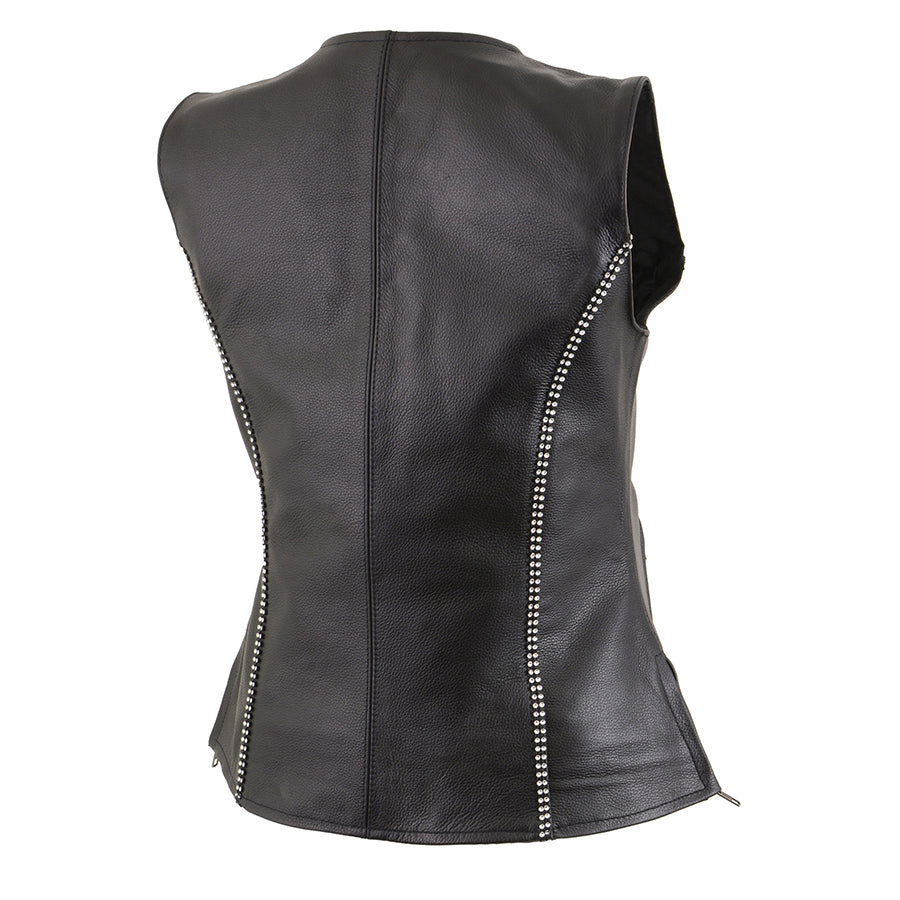 Ladies Leather V Neck Zippered Vest with Rhinestone Bling Detail