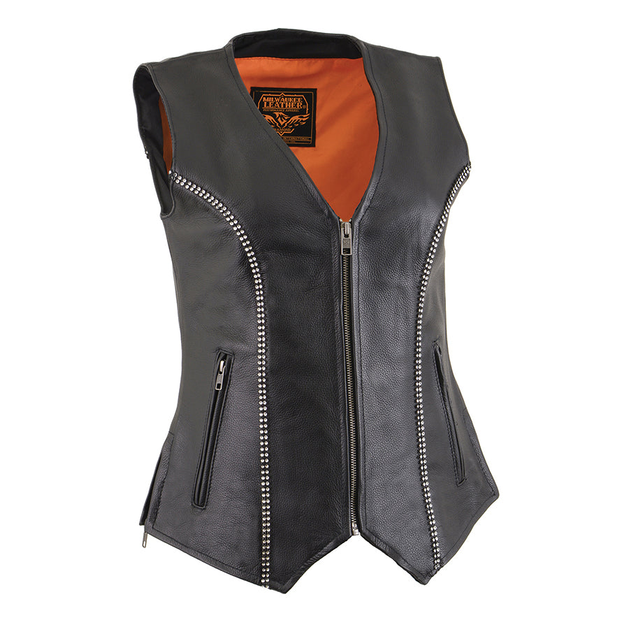 Ladies Leather V Neck Zippered Vest with Rhinestone Bling Detail