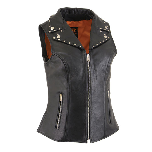 Ladies Leather Zipper Front Vest with Riveted M/C Lapel Collar