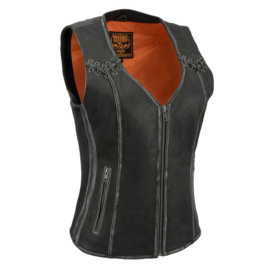 Women Distressed Brown Leather Vest with Lace & Star Accents
