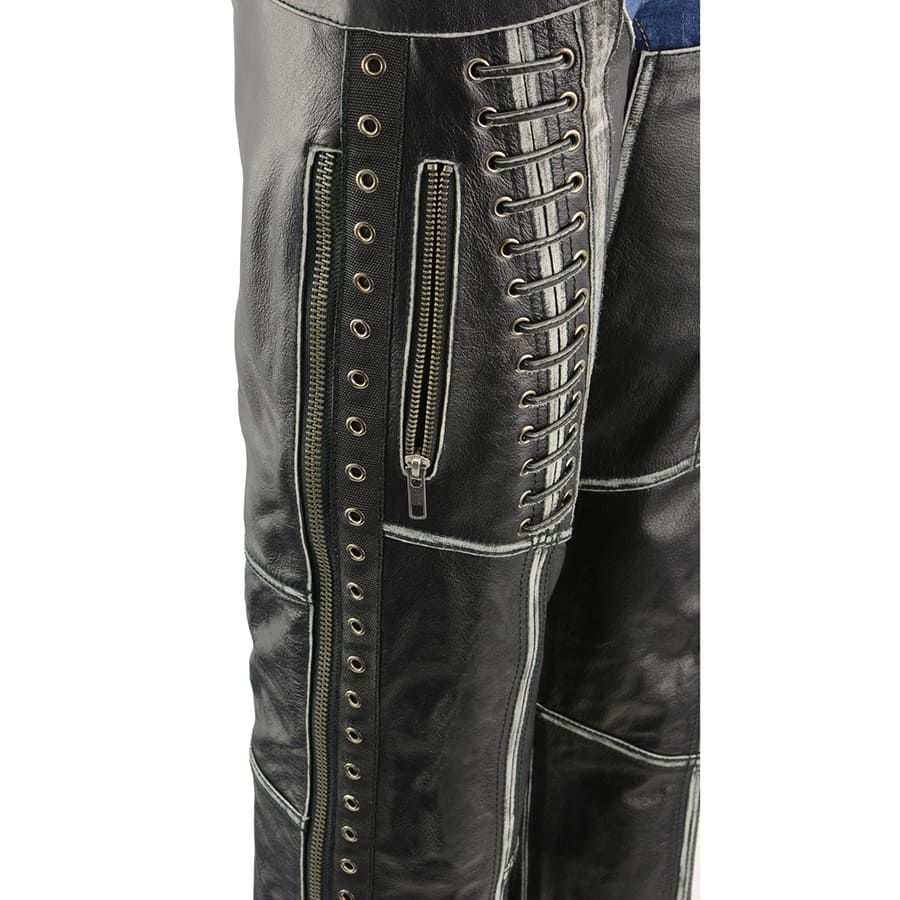 Women's Distressed Beltless Leather Chaps with Lace & Star Accents