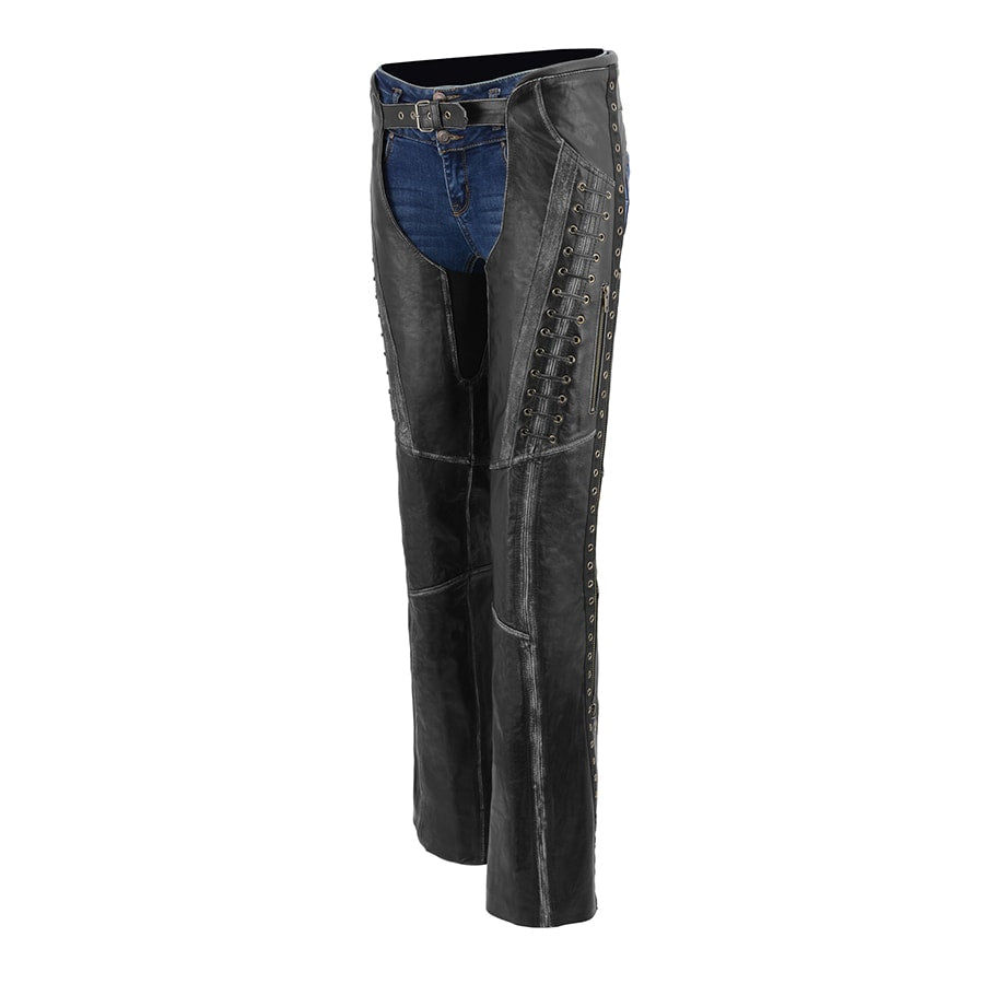 Women's Distressed Beltless Leather Chaps with Lace & Star Accents