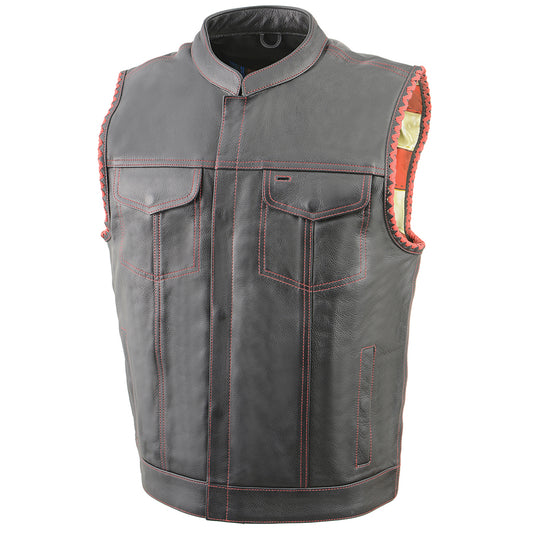 Men’s Club Style Leather Vest with Red Stitching & Laced Arm Holes