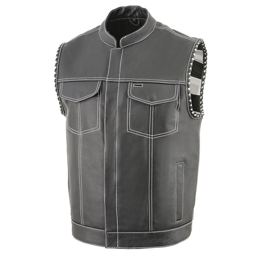 Men’s Club Style Leather Vest with White Stitching & Laced Arm Holes