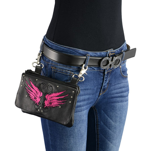 Women Leather Multi Pocket Belt Bag w/ Holster-Wings