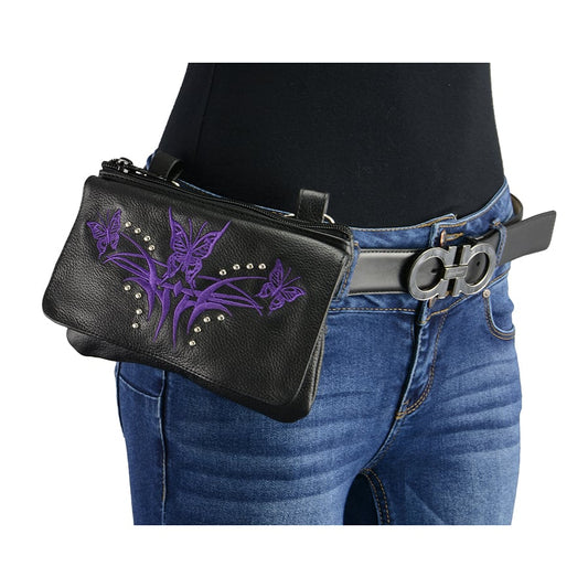 Women Leather Multi Pocket Belt Bag w/ Holster-Butterfly