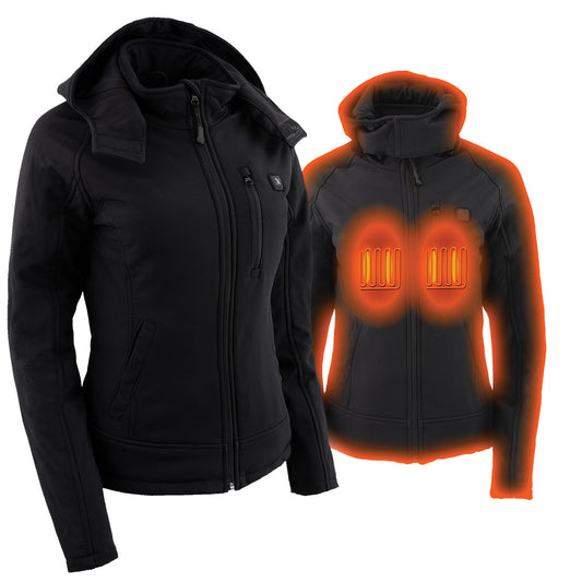 Women’s Black Heated Soft Shell Hooded Jacket with Included Battery Pack