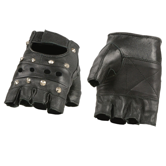 Men’s ‘Studded’ Black Leather Fingerless Gloves with Padded Palms