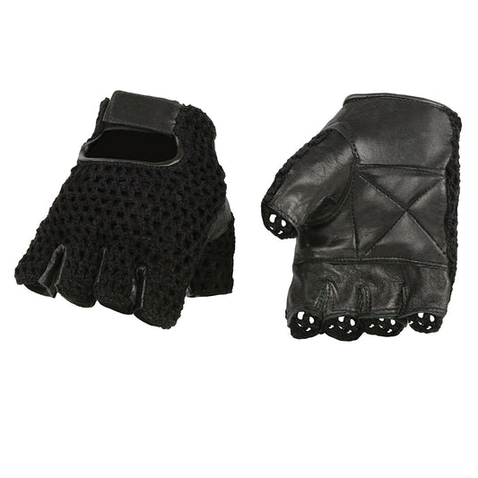 Men’s Black Leather and Mesh Fingerless Gloves with Padded Palm