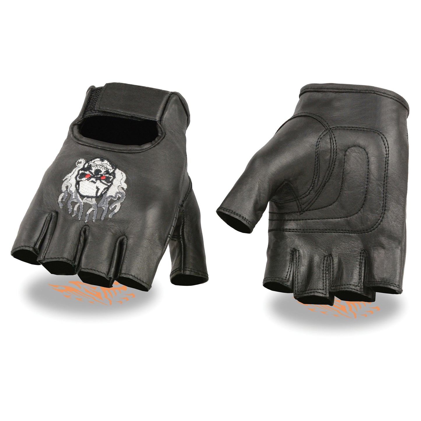 Men’s Leather Fingerless Glove w/ Flaming Skull Embroidery