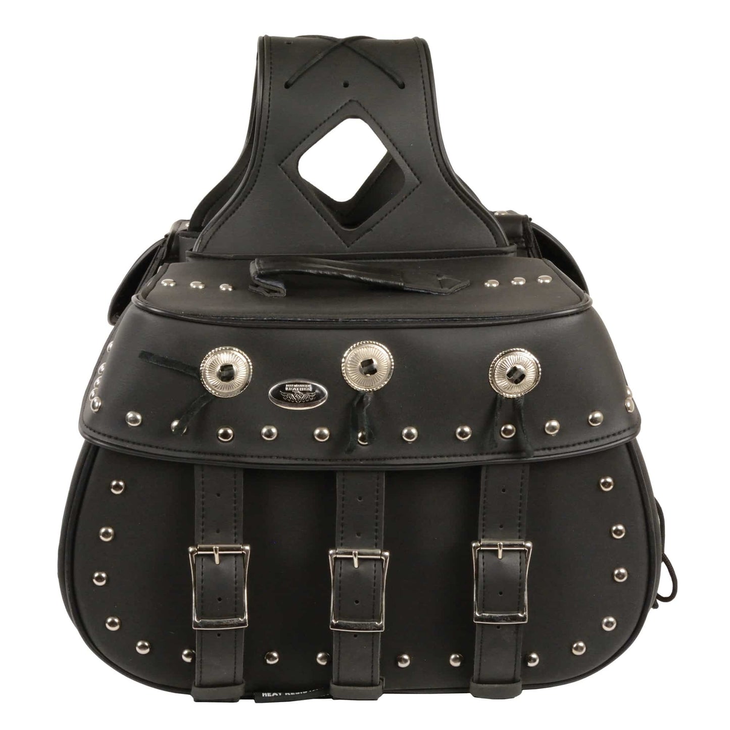 Zip-Off Triple Buckle PVC Throw Over Saddle Bag w/ Studs & Conchos