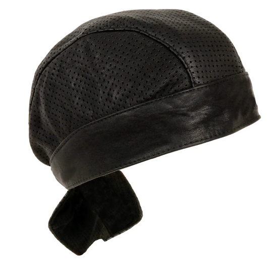 Black Perforated Leather Motorcycle Skull Cap-Doo Rag