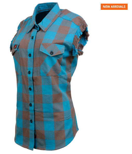 Women's Flannel Brown/Aqua Button Down Sleeveless Cut Off Shirt w/ Frill Arm