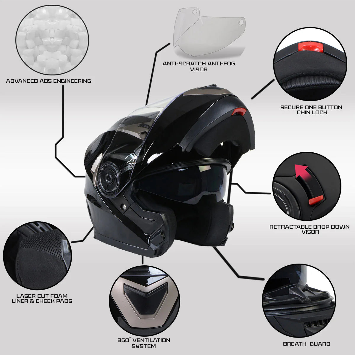 Ionized Gloss Black Advanced Motorcycle Modular Helmet Biker w/ Drop Down Visor