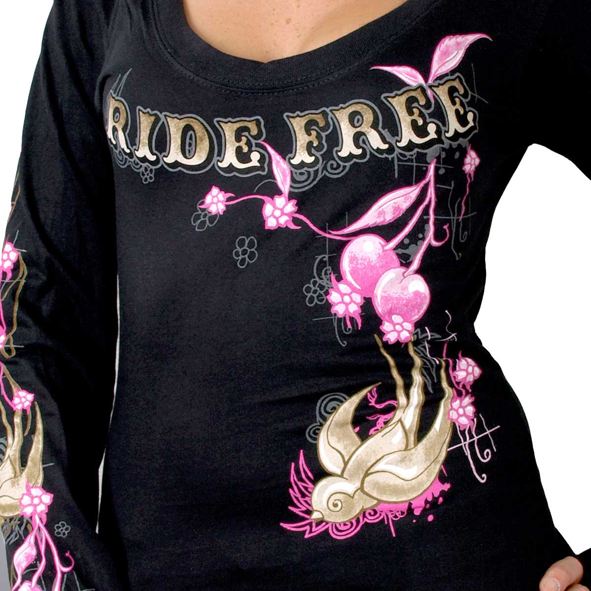 Hot Leathers Women's Cherries Scoop Neck Black Long Sleeve Shirt
