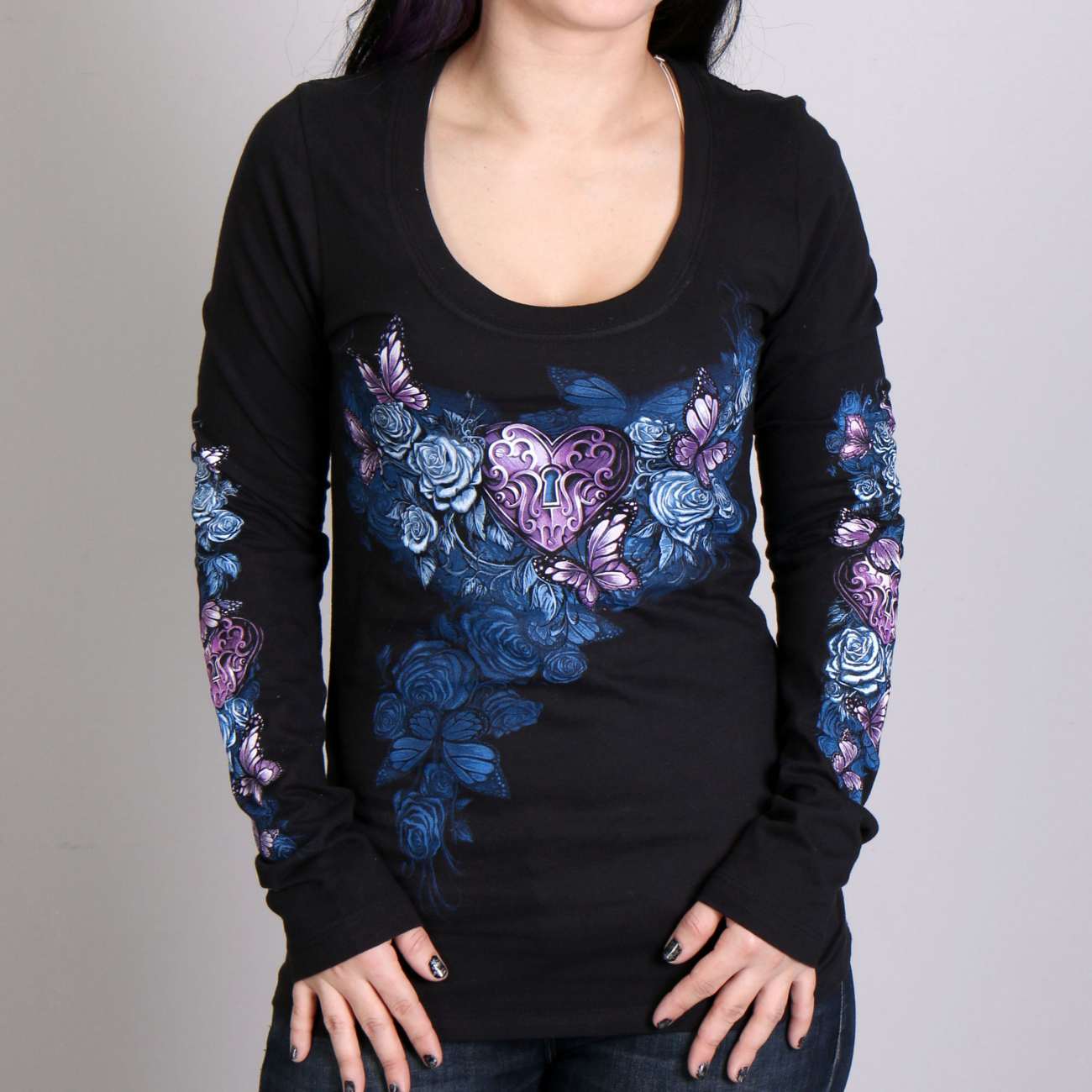 Hot Leathers Heart Lock Scoop Neck Black Long Sleeve Ladies Shirt