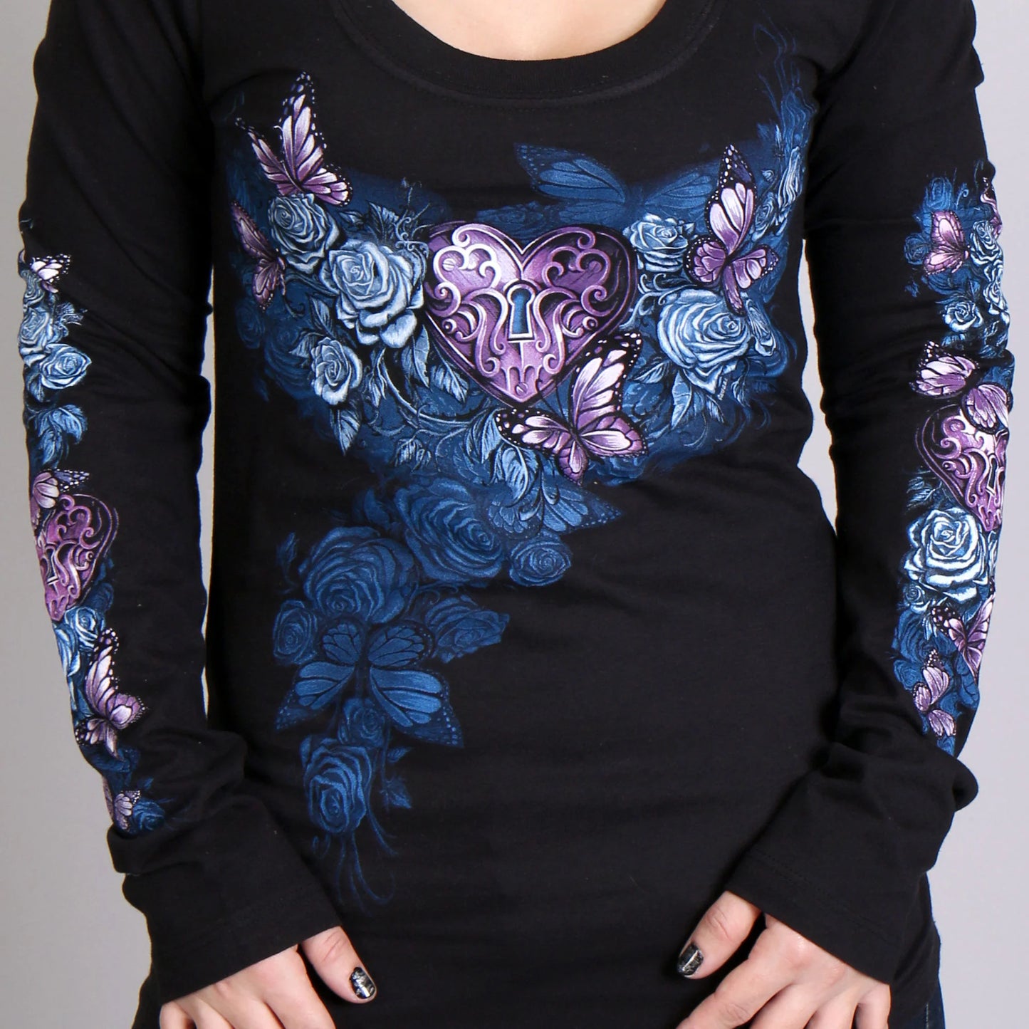 Hot Leathers Heart Lock Scoop Neck Black Long Sleeve Ladies Shirt