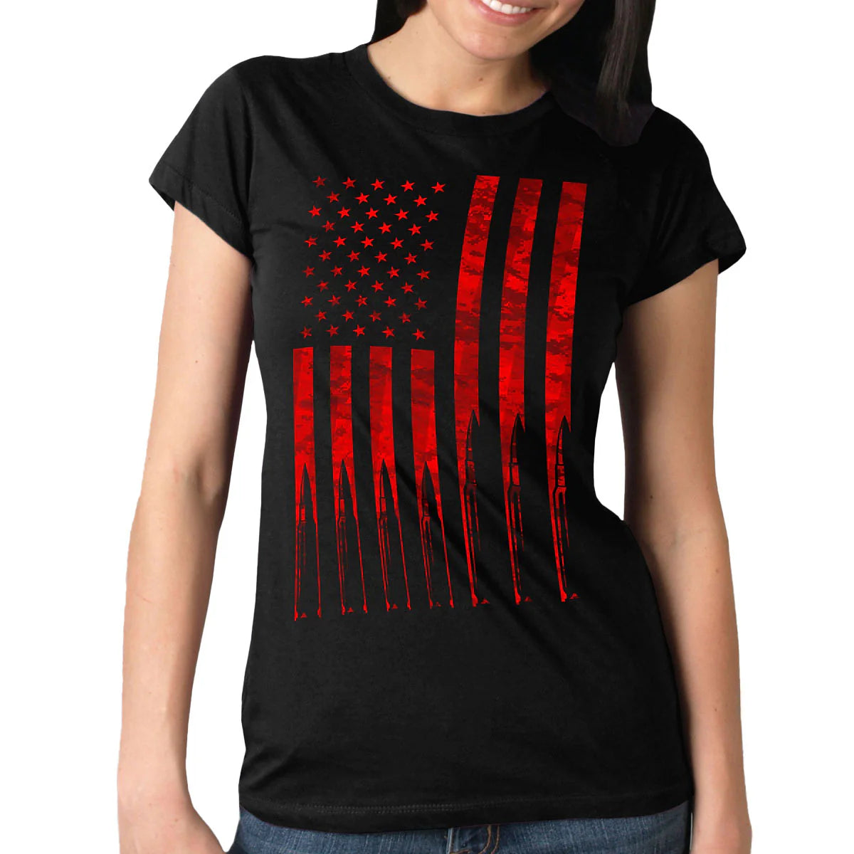 Hot Leathers 'Flag and Bullets' Full Cut Ladies Black T-Shirt