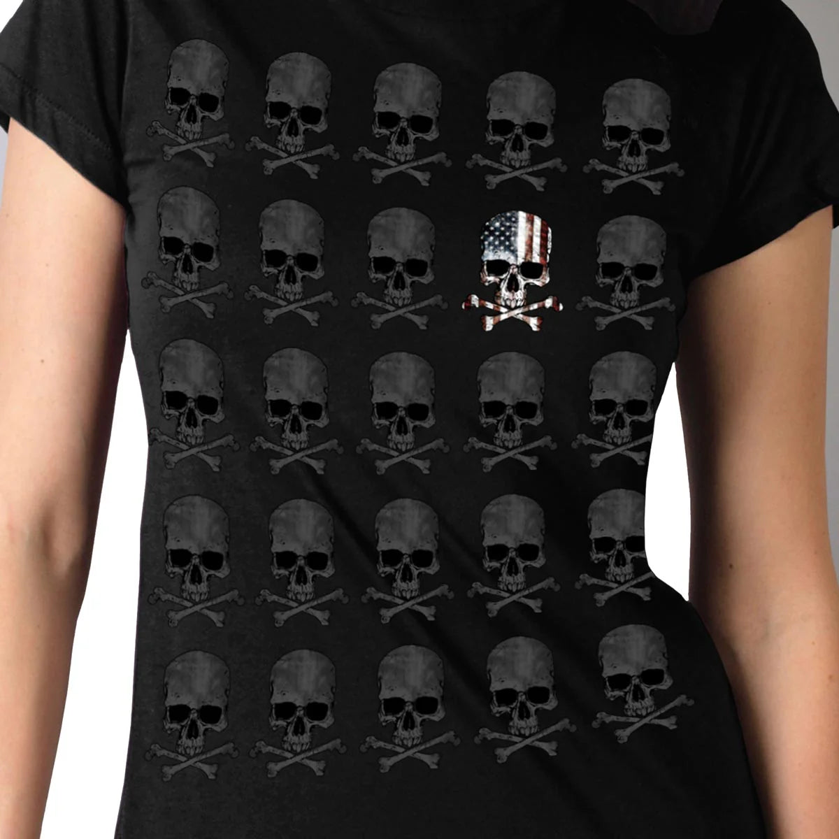 Skull Pattern Full Cut Ladies Black T-Shirt-Hot Leathers