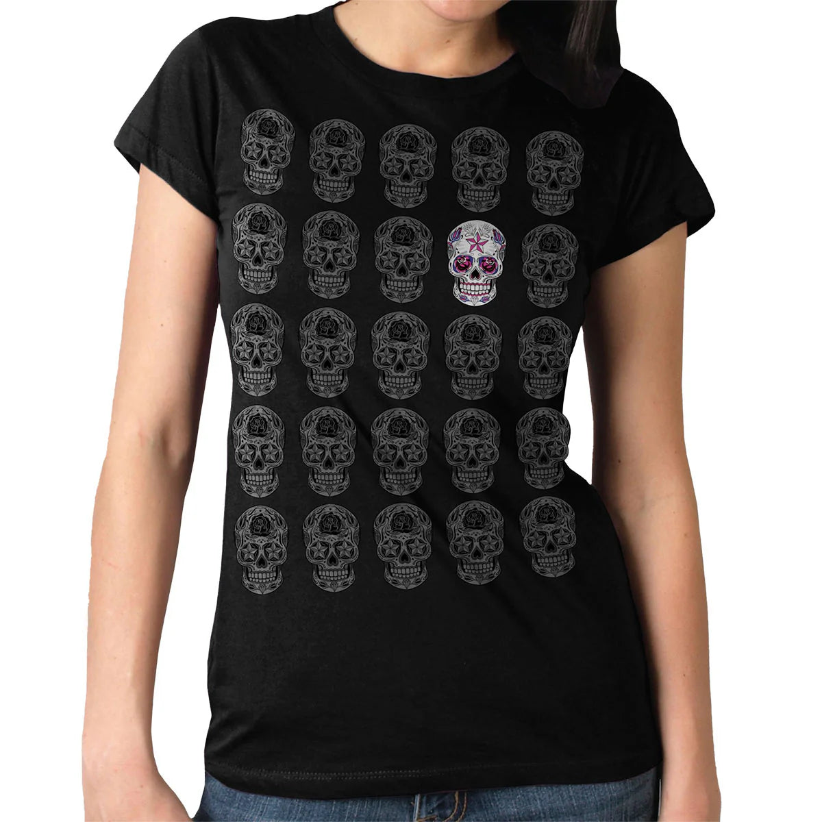 Skull Pattern Full Cut Ladies Black T-Shirt-Hot Leathers
