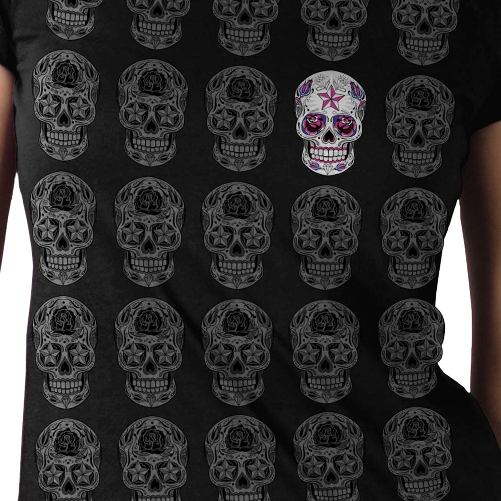 Skull Pattern Full Cut Ladies Black T-Shirt-Hot Leathers