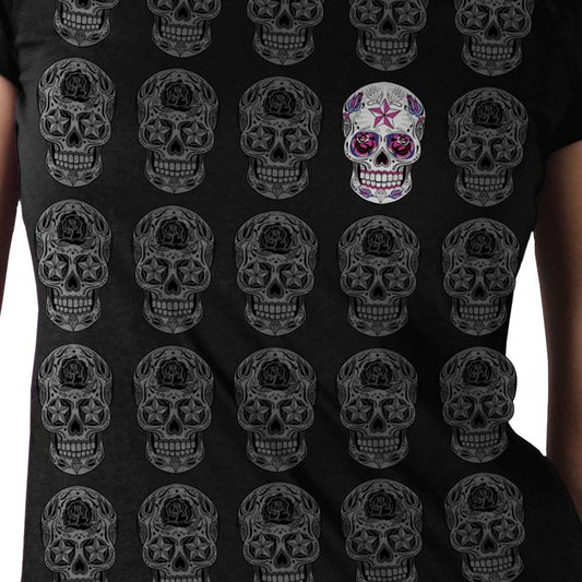 Skull Pattern Full Cut Ladies Black T-Shirt-Hot Leathers