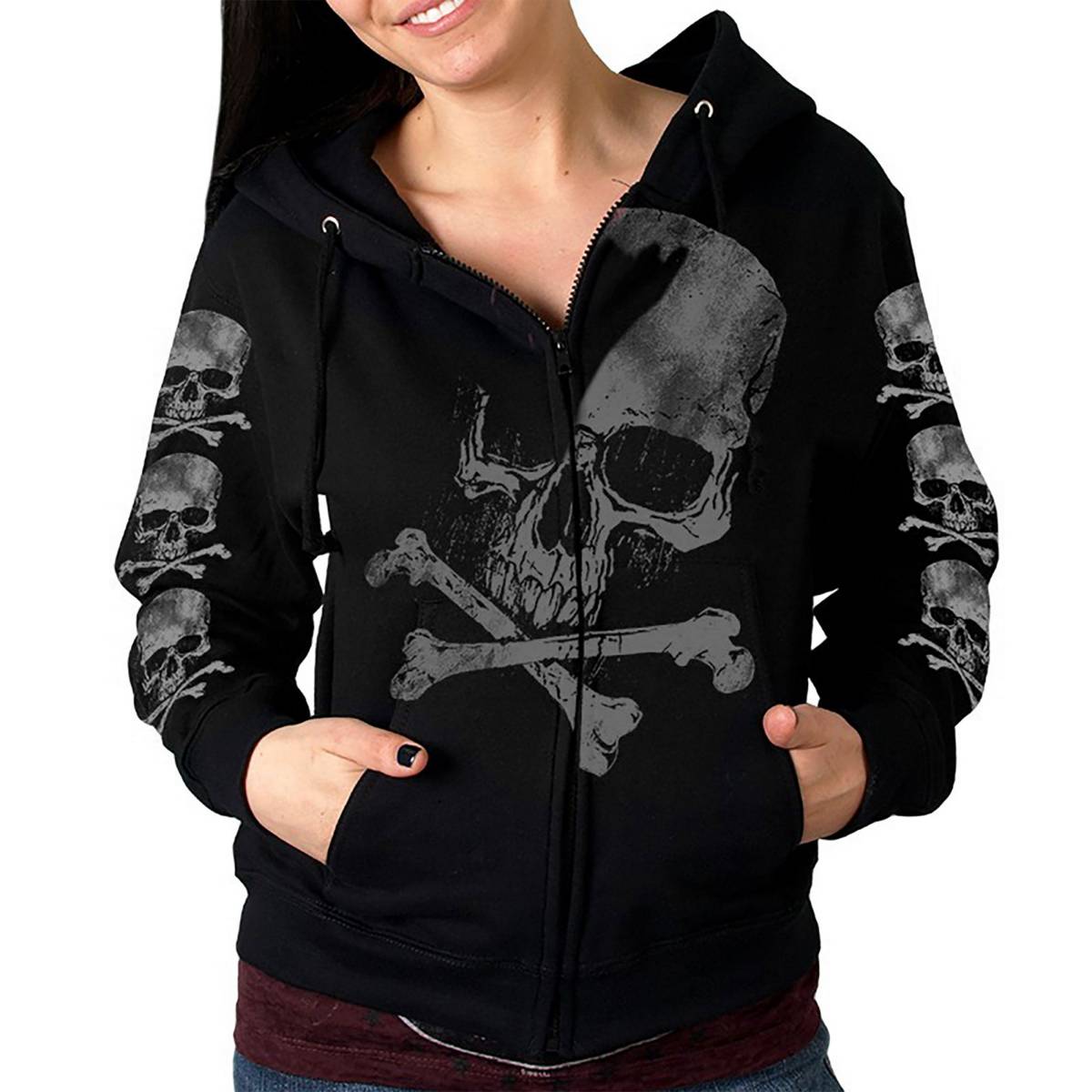 Ladies Black Zipper Hoodie Bones Print Artwork