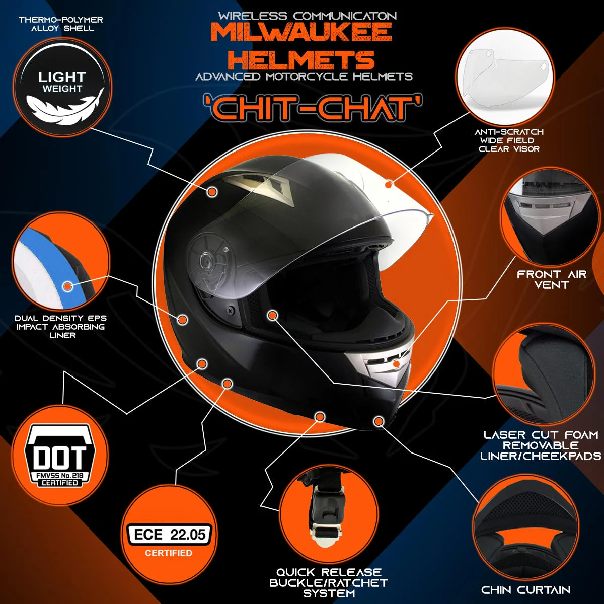 Chit-Chat Full Face Wireless Motorcycle Helmet-Stream Music-Phone Calls