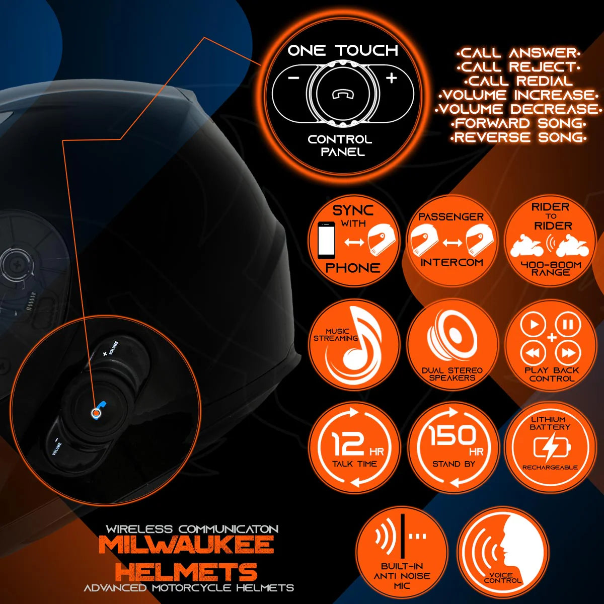 Chit-Chat Full Face Wireless Motorcycle Helmet-Stream Music-Phone Calls