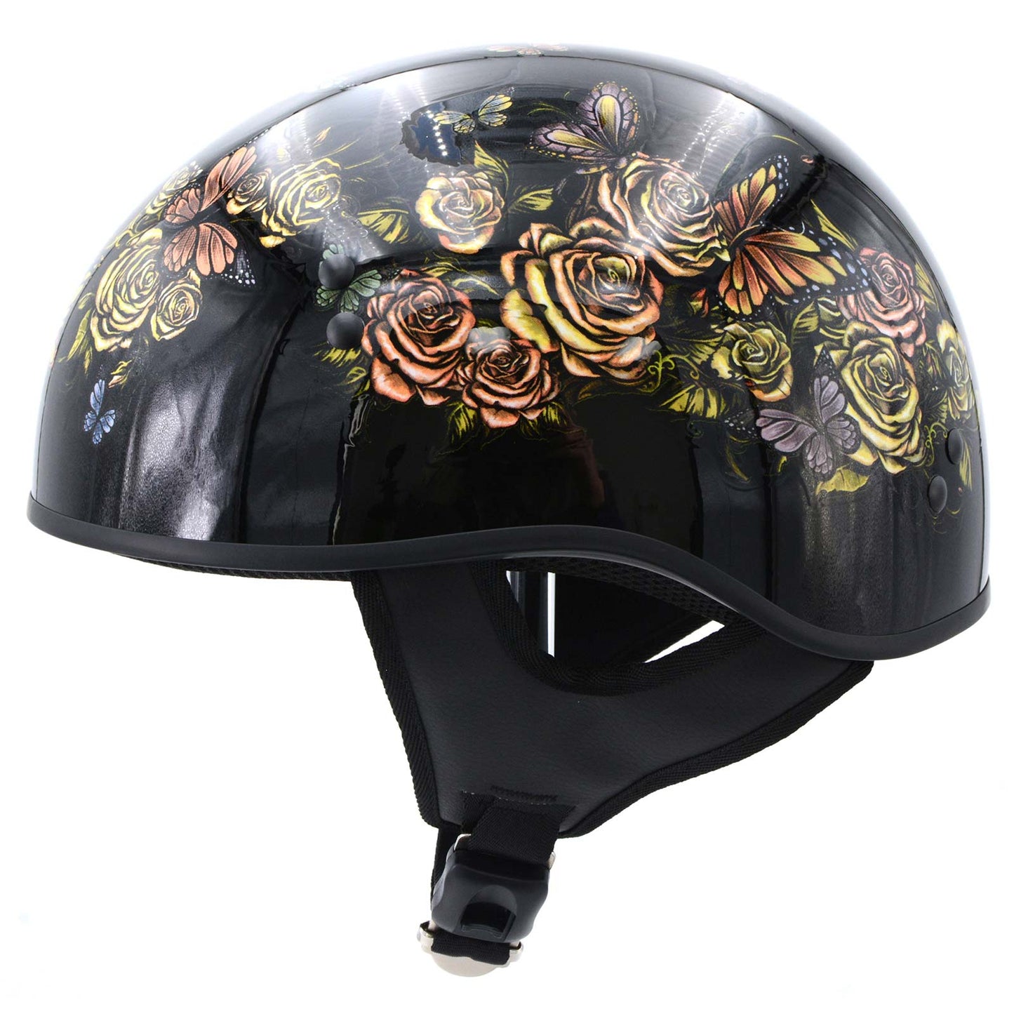 Butterfly Lock Gloss Black Motorcycle DOT Approved Skull Cap Half Biker Helmet