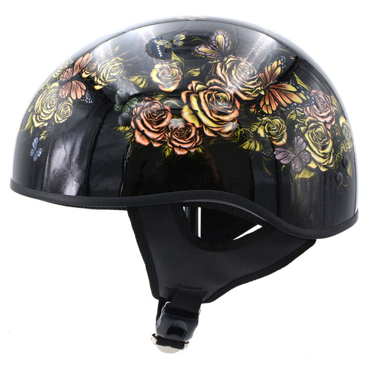 Butterfly Lock Gloss Black Motorcycle DOT Approved Skull Cap Half Biker Helmet