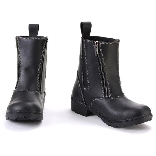 Women's Black Leather Motorcycle Riding Boots with Dual Zipper Closure