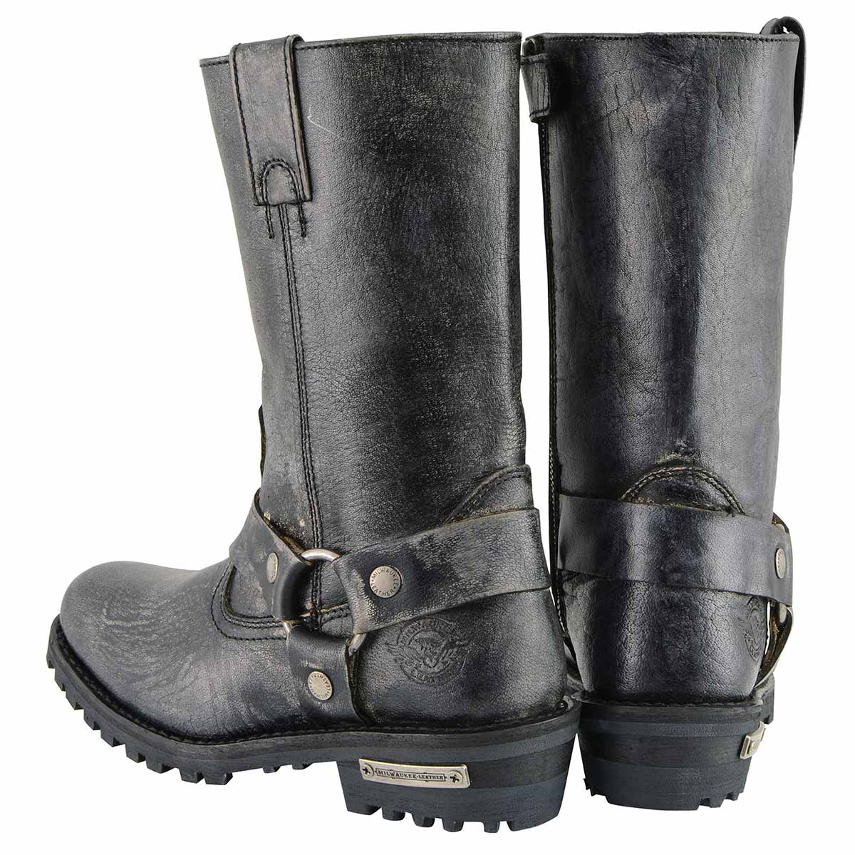 Men's Distressed Gray Leather 11-inch Classic Harness Square Toe Motorcycle Boots