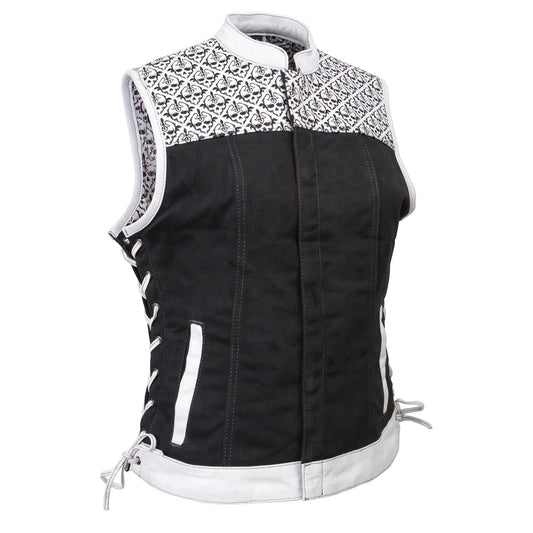 Women's 'Skelly' Black With White Motorcycle Denim Vest W/ Skull Embroidery