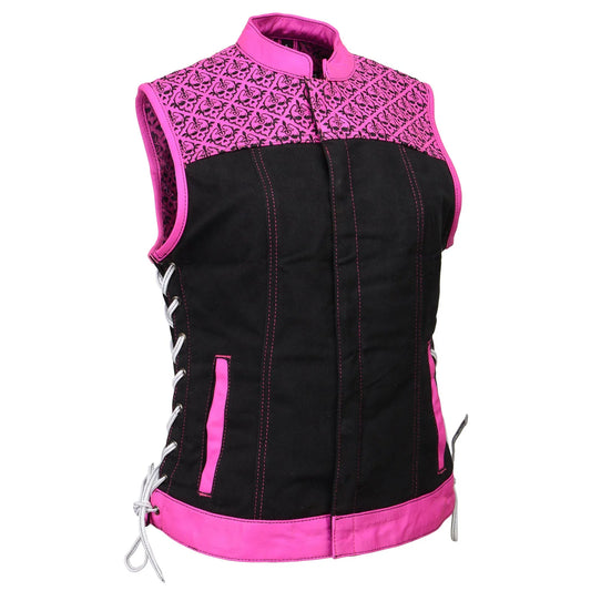 Women's 'Skelly' Black with Pink Motorcycle Denim Vest w/ Skull Embroidery