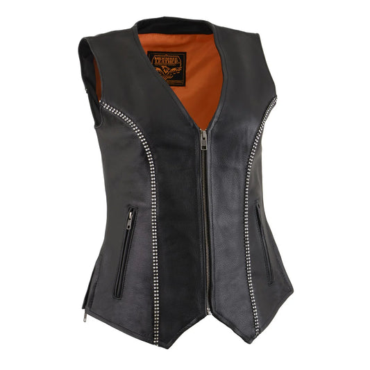 Women's Black Leather Classic V-Neck Motorcycle Rider Vest with Rhinestone Bling Detail