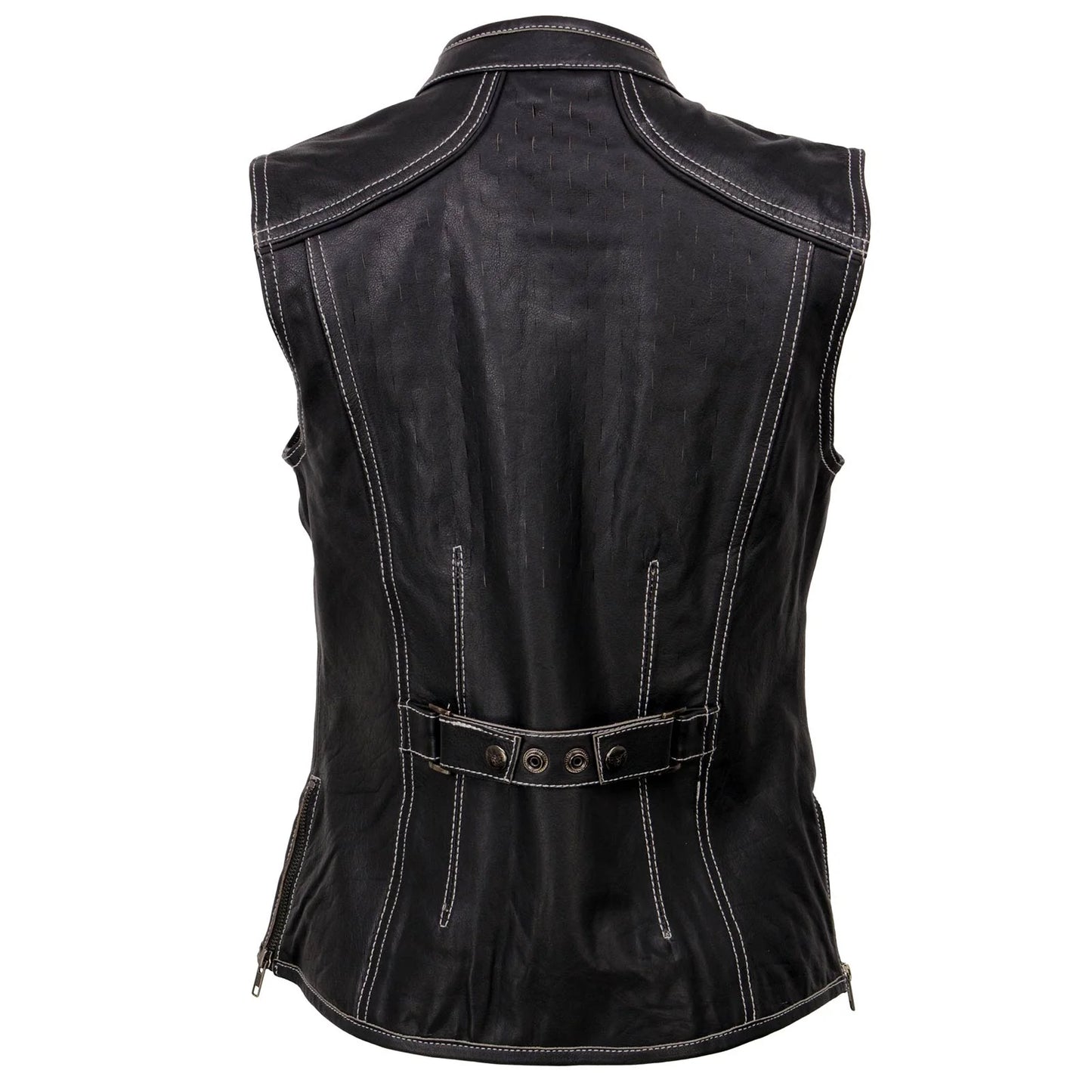 Women's Black Leather Grey Accented Laser Cut Vented Scuba Style Motorcycle Rider Vest