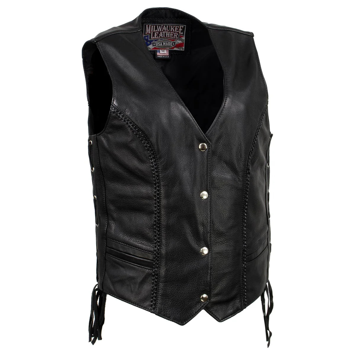 Women's Black 'Vivacious' Braided Motorcycle Leather Vest